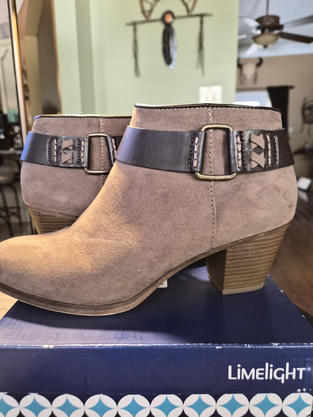 Limelight Taupe Suede Ankle Booties with Dark Brown Strap & Buckle